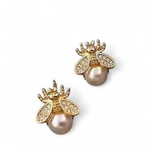 Gold Bee Pearl Stud Earrings Crystal Insect Dainty Coquette Jewelry